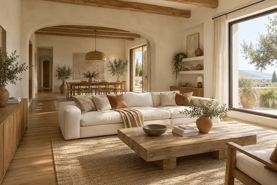 Inspiración de un salón luminoso con madera natural y tonos cálidos